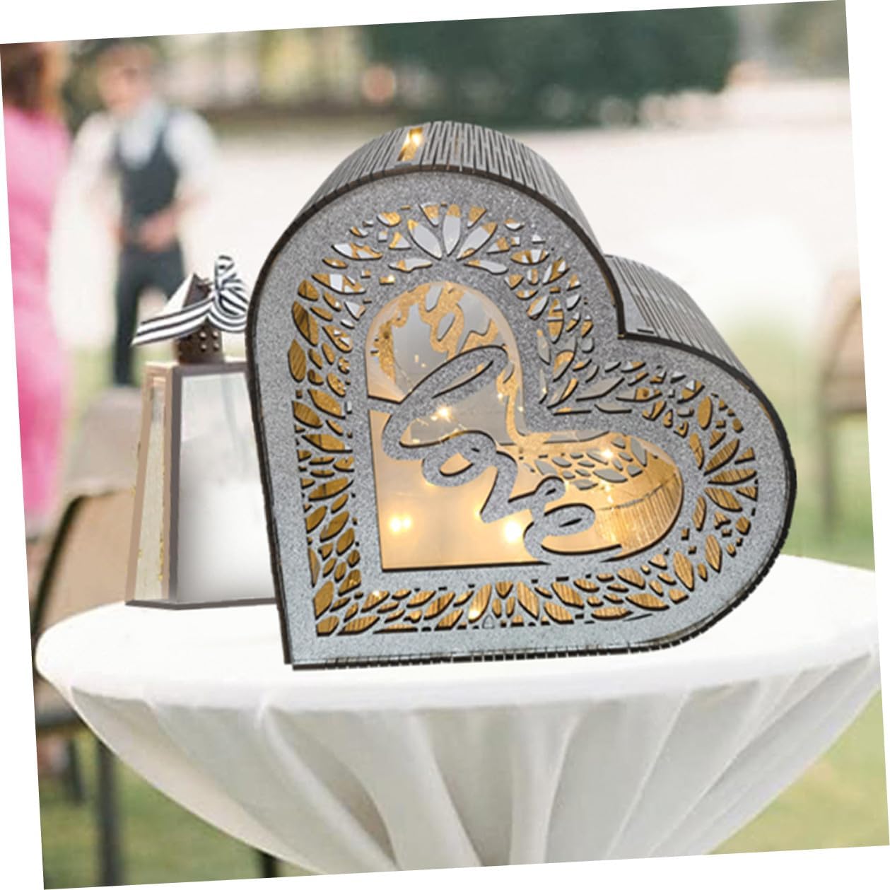Abaodam Wooden Hollow Heart-shaped Card Box Glitter Design Wedding Card Holder Envelope Money Box Anniversary Greeting Container Decorative Storage for Party Events
