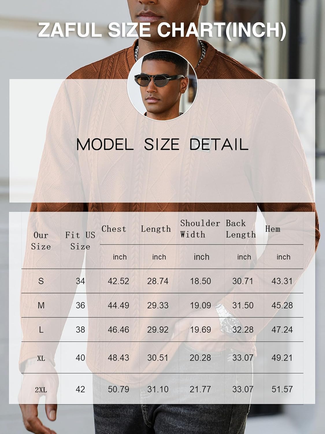 ZAFUL Men's Textured Crewneck Sweatshirts Cable Geometric Jacquard Long Sleeve T Shirt Knitted Pullover Top - Image 7