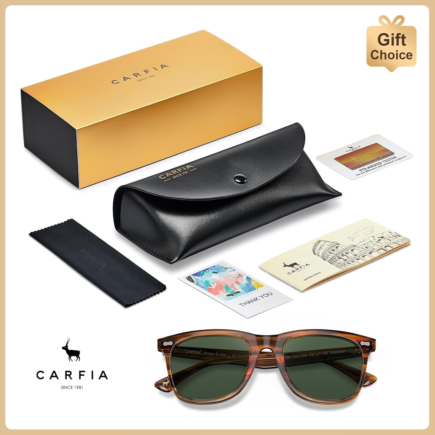 CARFIA Thick Polarized Sunglasses for Men UV400 Protection, Retro Square Hand-crafted Acetate Driving Shades CA5356 - Image 8