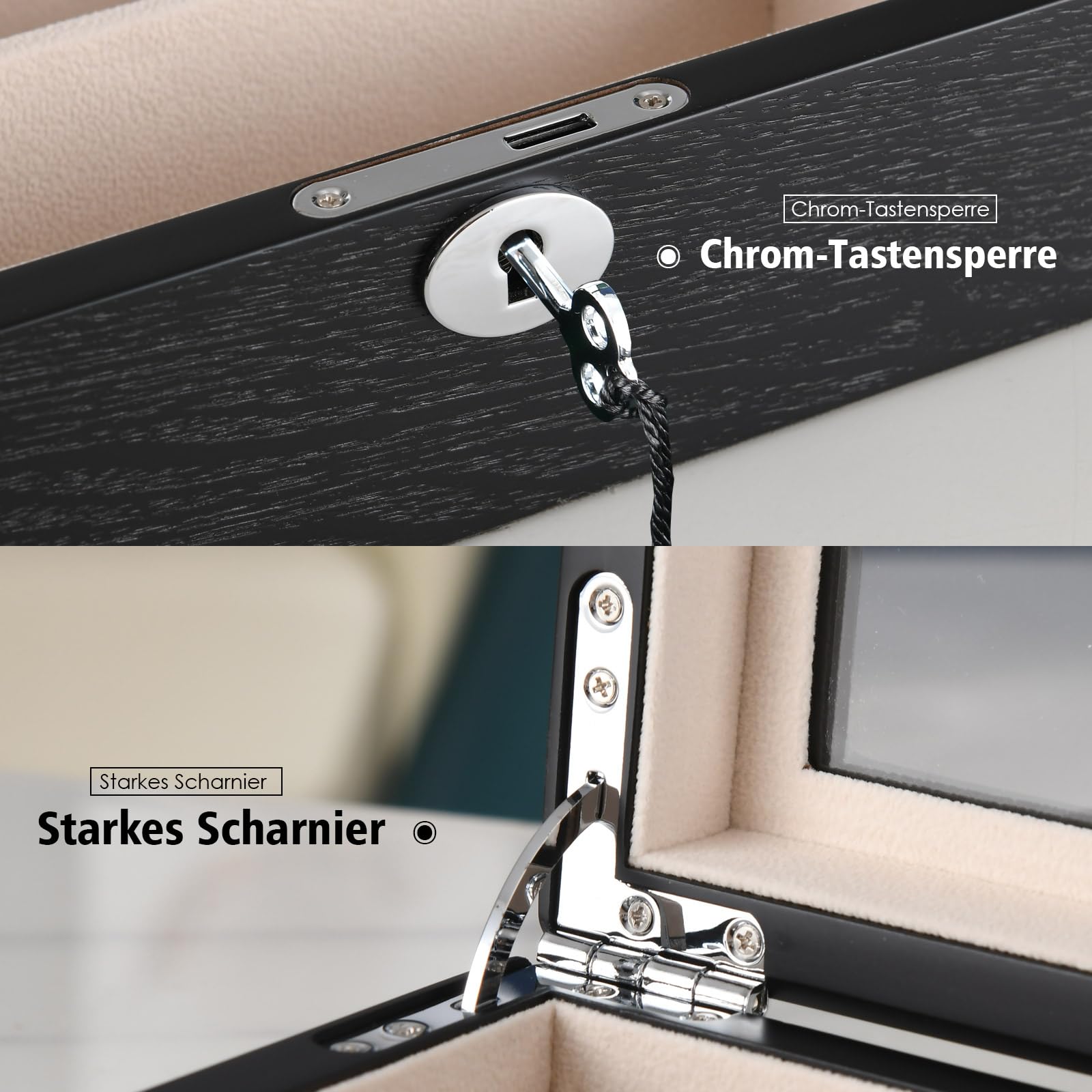 Brillenbox Brillenaufbewahrung Aufbewahrungsbox Sonnenbrillen Case von 12 Brillen Sonnenbrillen Aufbewahrungsbox Die holzkiste mit Schlüsselschloss brillenständer (12 Schlitze - Schwarzes Holz)