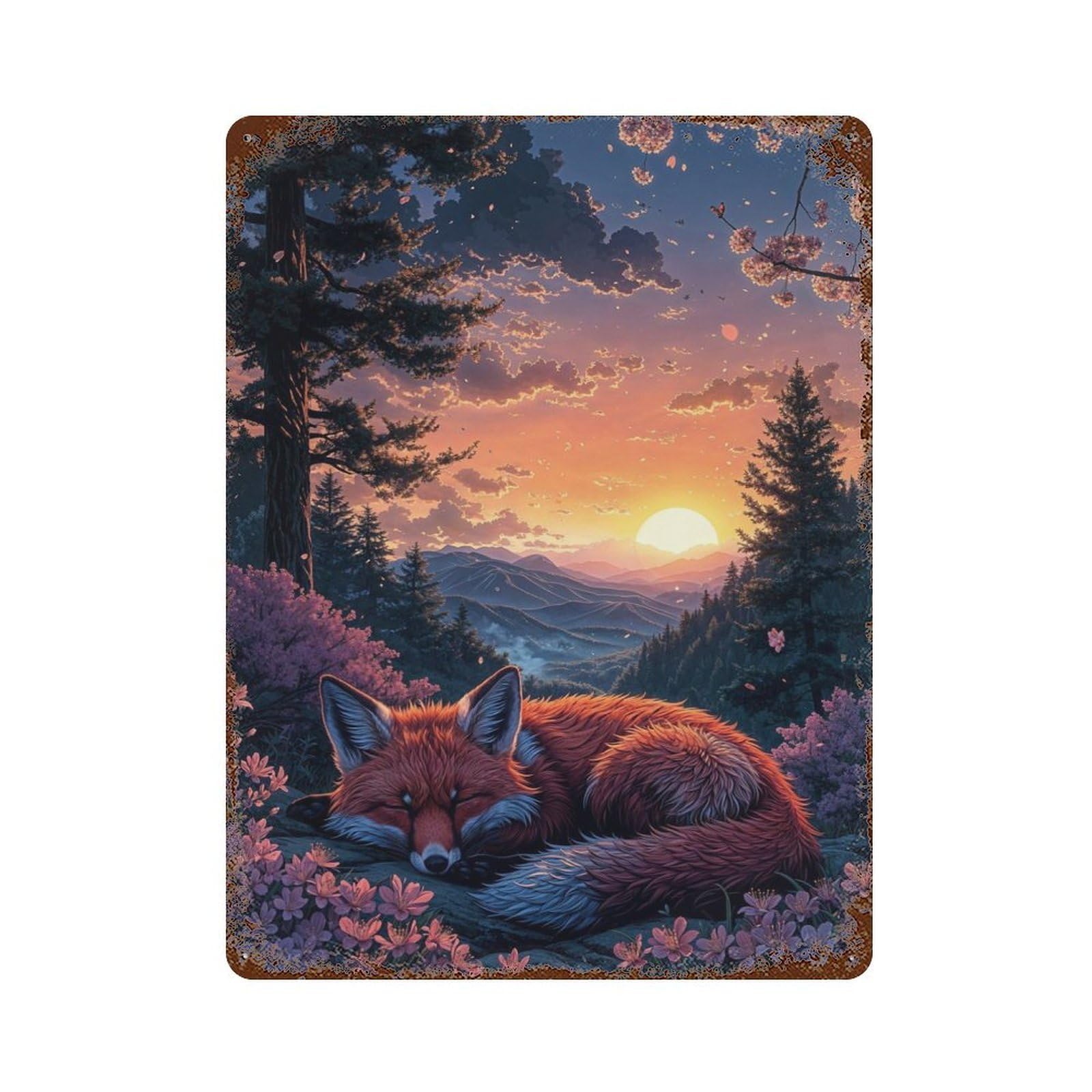 Garage Style Cute Fox Sleeping Sakura Vintage Rust Metal Sign 15.7"x11.8", Vintage Wall Decor for Bar And Workshop