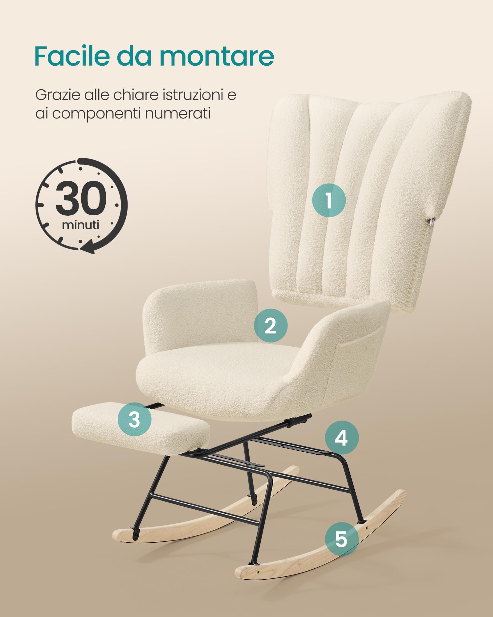 SONGMICS Sedia a Dondolo, Poltrona a Dondolo, Poggiapiedi Estraibile, Cuscino Rimovibile, Tasche, Gambe in Legno, Tessuto di Peluche, Camera da Letto Soggiorno, Bianco Crema LYY018W101
