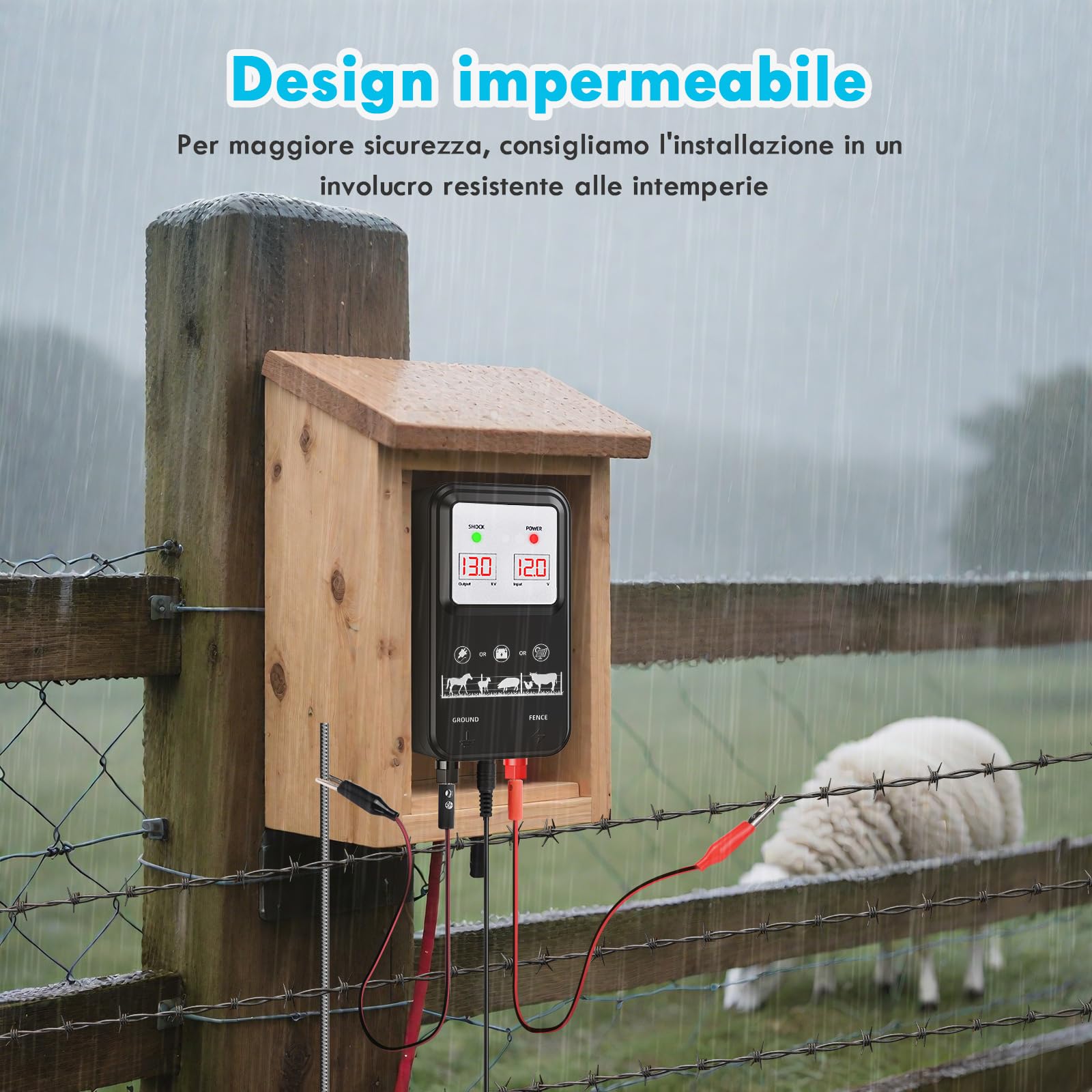10KM Recinto Elettrico per Animali, Potente Elettrificatore per Recinzione Elettrica da 2 J con display LCD, Recinzione Elettrica Impermeabile IP44 ad Alta Potenza per Fattoria, Giardino, Pascolo (B)