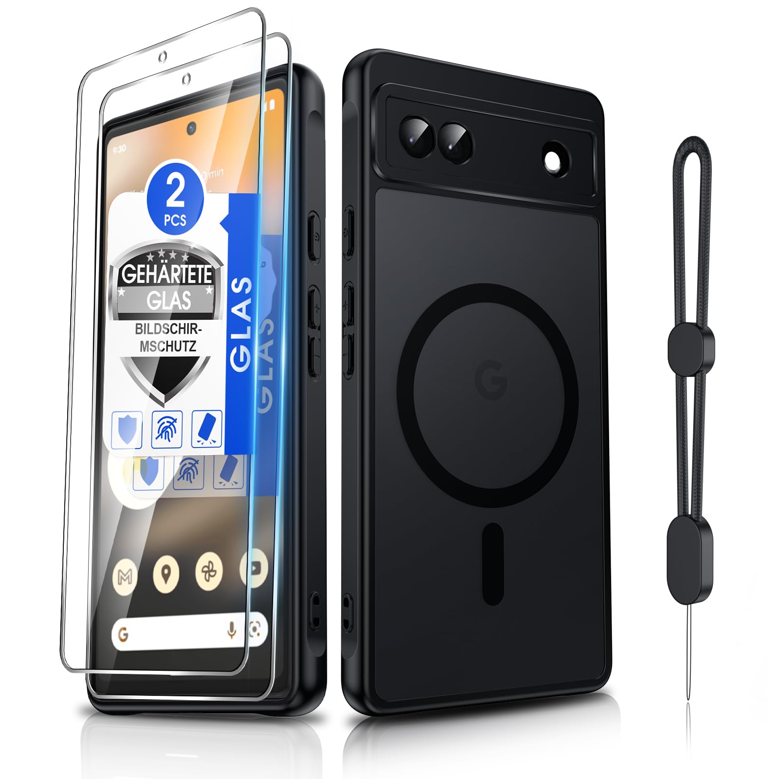 Dizn Magnetic for Google Pixel 6a Case:with [2 Pcs Tempered Glass Screen Protector],Compatible with MagSafe Wireless Charging,with Strap,Slim Case,Military-Grade Protective,for Google Pixel 6a,Black Global Recycled Standard Global Recycled Standard Global Recycled Standard