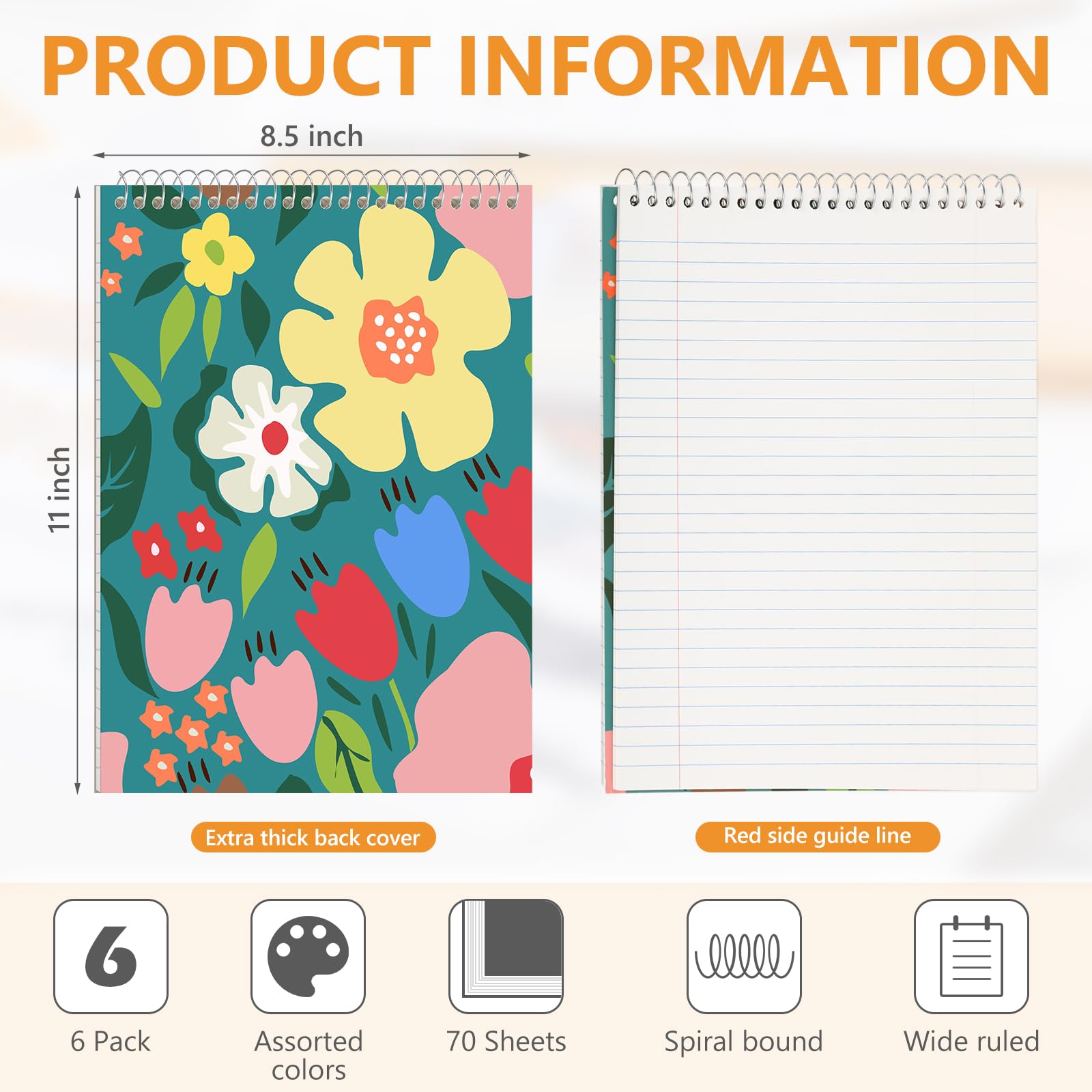 Resurhang Lot de 6 cahiers Steno de bureau à reliure supérieure de 21,6 x 27,9 cm, larges lignes, double face, papier blanc fiable, 70 feuilles/bloc de couleurs pastel pour écrire des notes scolaires