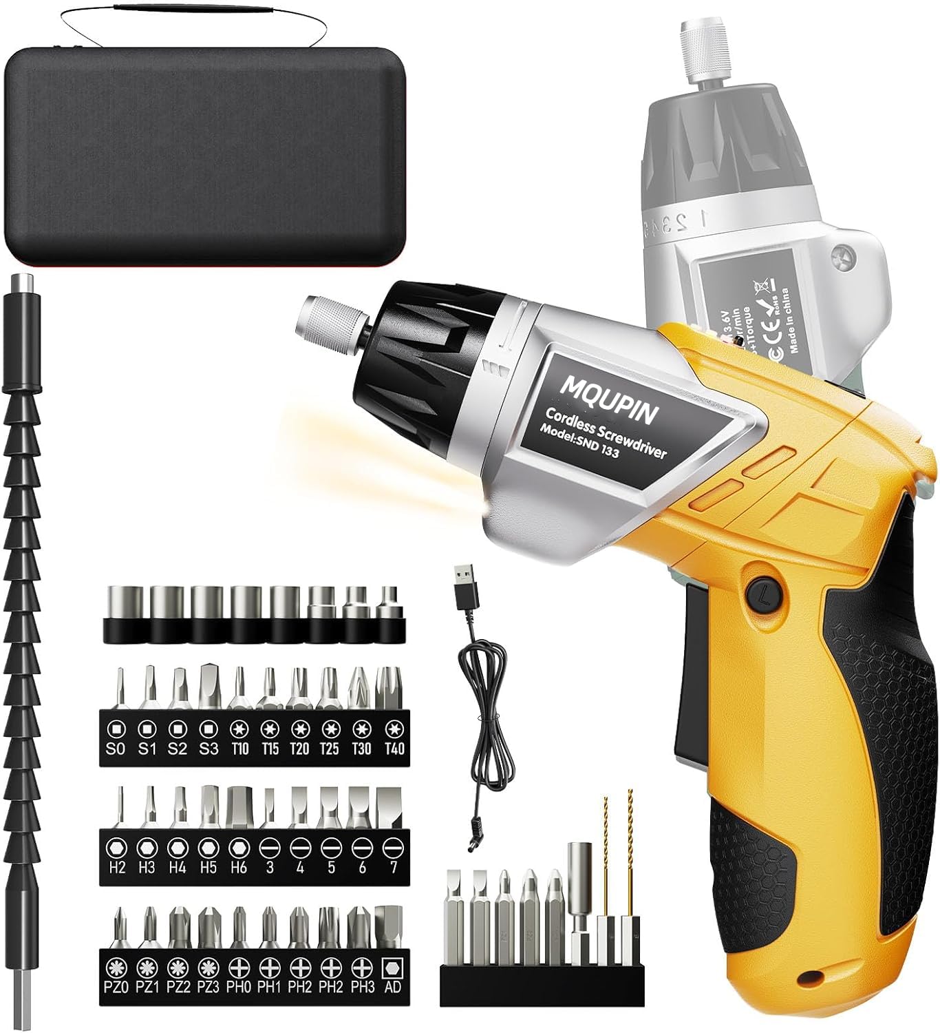 Electric Screwdriver, 6+1Torque Cordless Screwdriver 2000mAh 3.6V with 47 Accessories, LED Light and Rear Flashlight