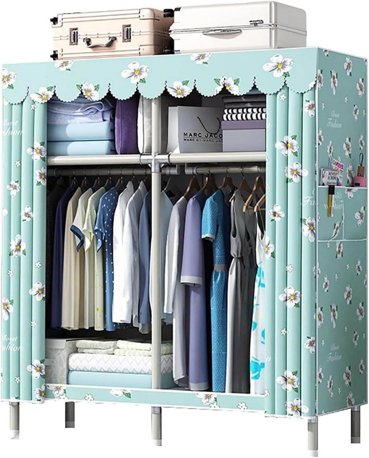 Armario portátil con 2 barras para colgar ropa y estantes de almacenamiento de metal