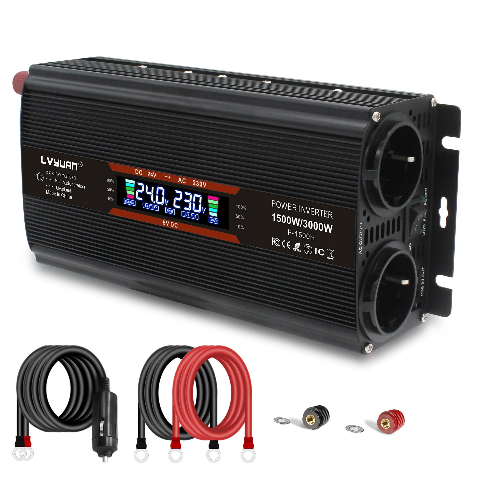 LVYUANVoltage Converter 24 V 230 V 1500 W / 3000 W Inverter Power Converter with LCD Screen, 2 EU Sockets, Fan and 5 V USB Ports Including Car Cigarette Lighter Plug, Black
