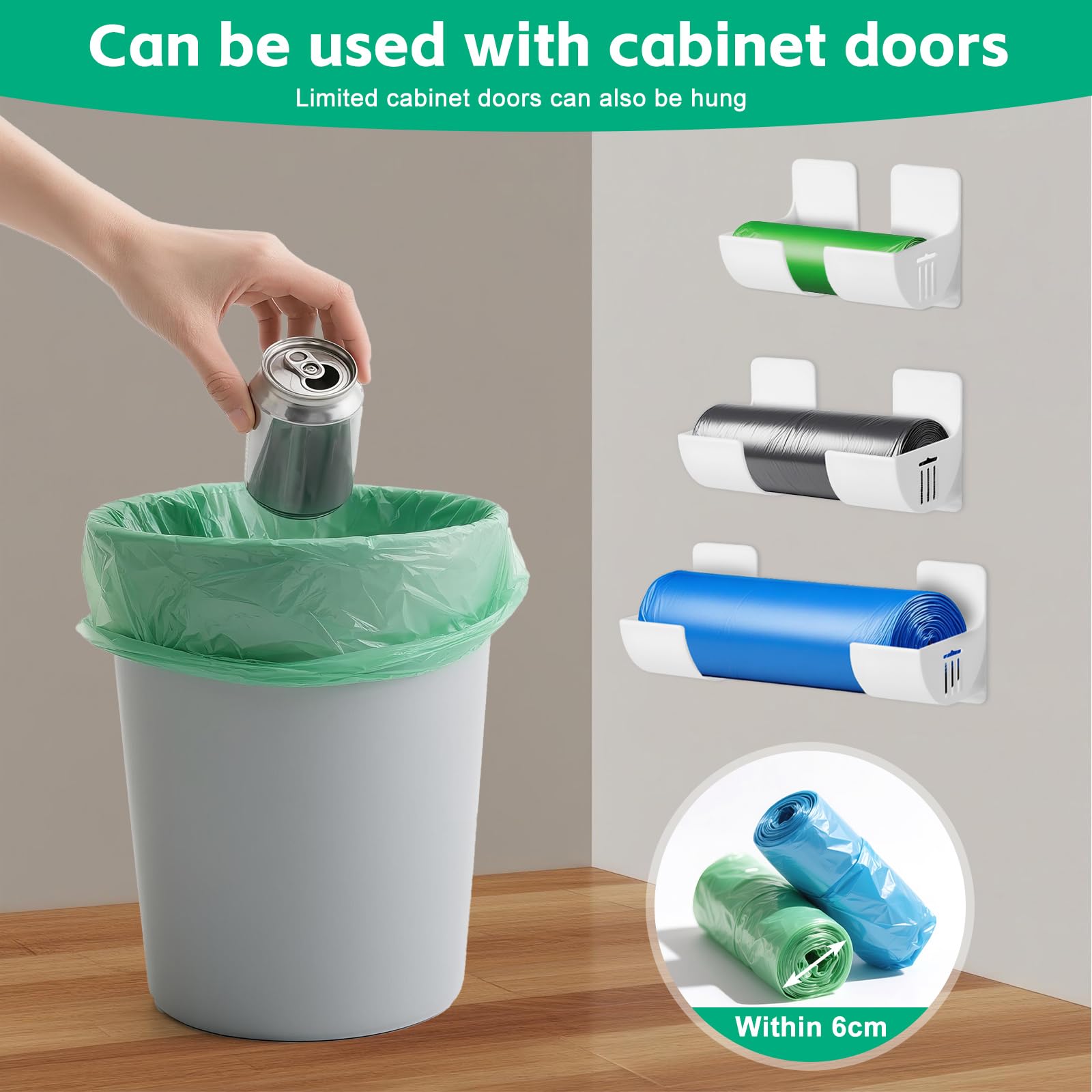 DHSWNNG 4 Paar Geen Stansen Keuken Organizer, Wandgemonteerde Afvalzakhouder Vuilniszak Dispenser Organizer Aluminiumfolie Houder Zelfklevend Wandrek Kastdeur Opslag