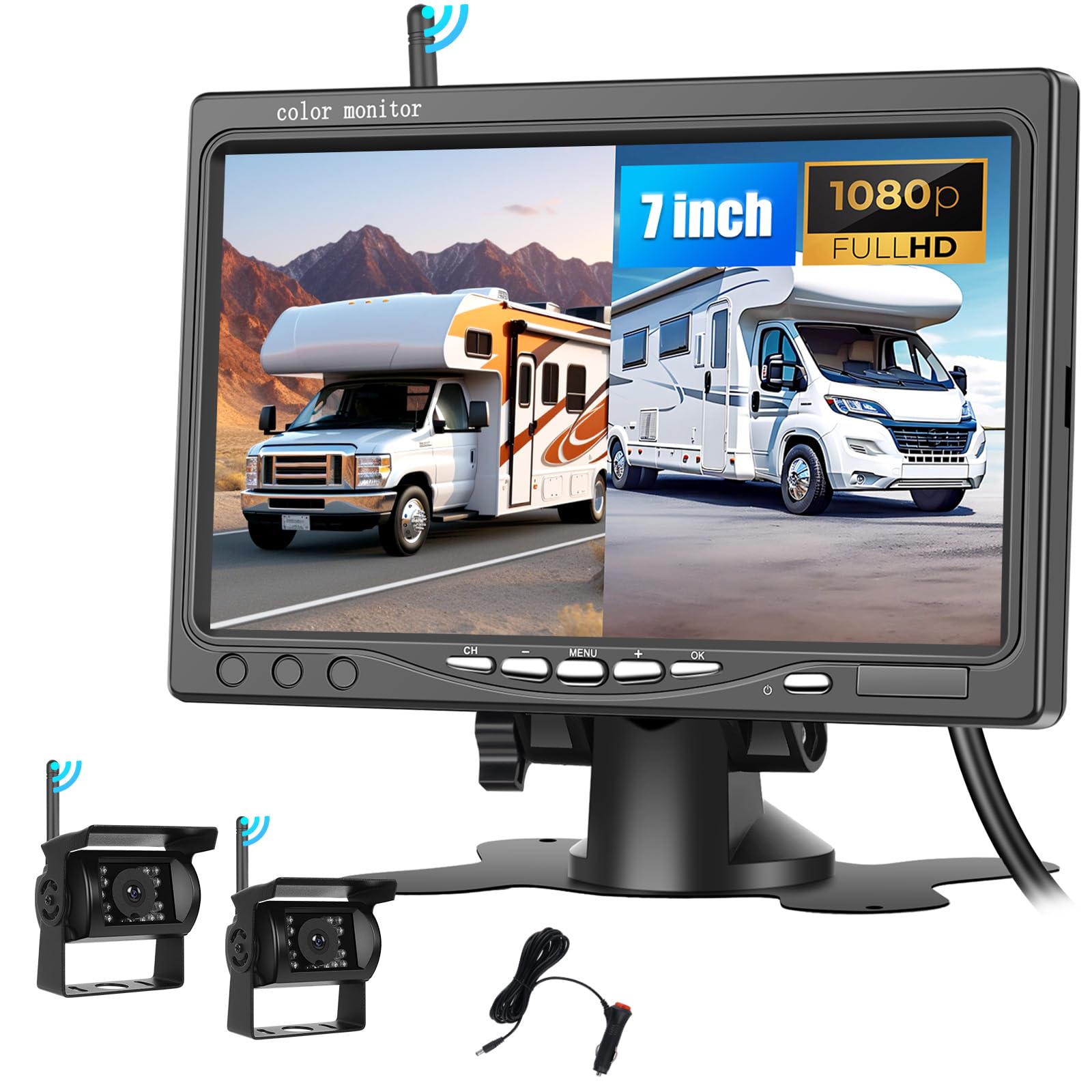SIXWIN Kit Telecamere Retromarcia Wireless 1080P HD con Monitor 7 Pollici,2 Telecamere per Auto, Camper, Camion | Impermeabile IP68, Visione Notturna, Linee Guida, 12V-36V