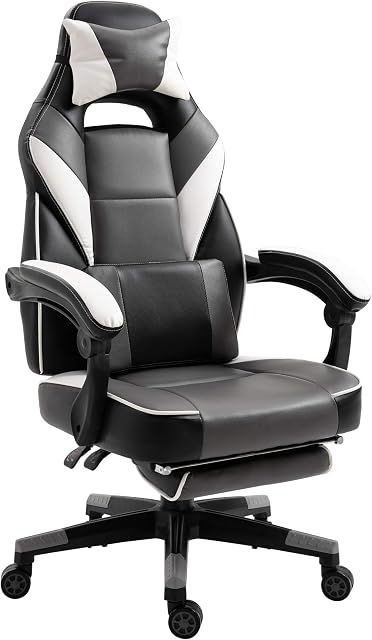 Vinsetto Gaming Chair Ergonomic Recliner w/Thick Padding Footrest Headrest Lumbar Pillow 5 Wheels Racing Swivel Height Adjustable Home Office Chair Grey