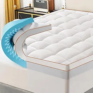 WhatsBedding Memory Foam Mattress Topper 5inch, Soft Egg Crate Mattress Topper with Breathable Cover for Back Pain Relief, CertiPUR-US Certified (White+Bule, Queen)