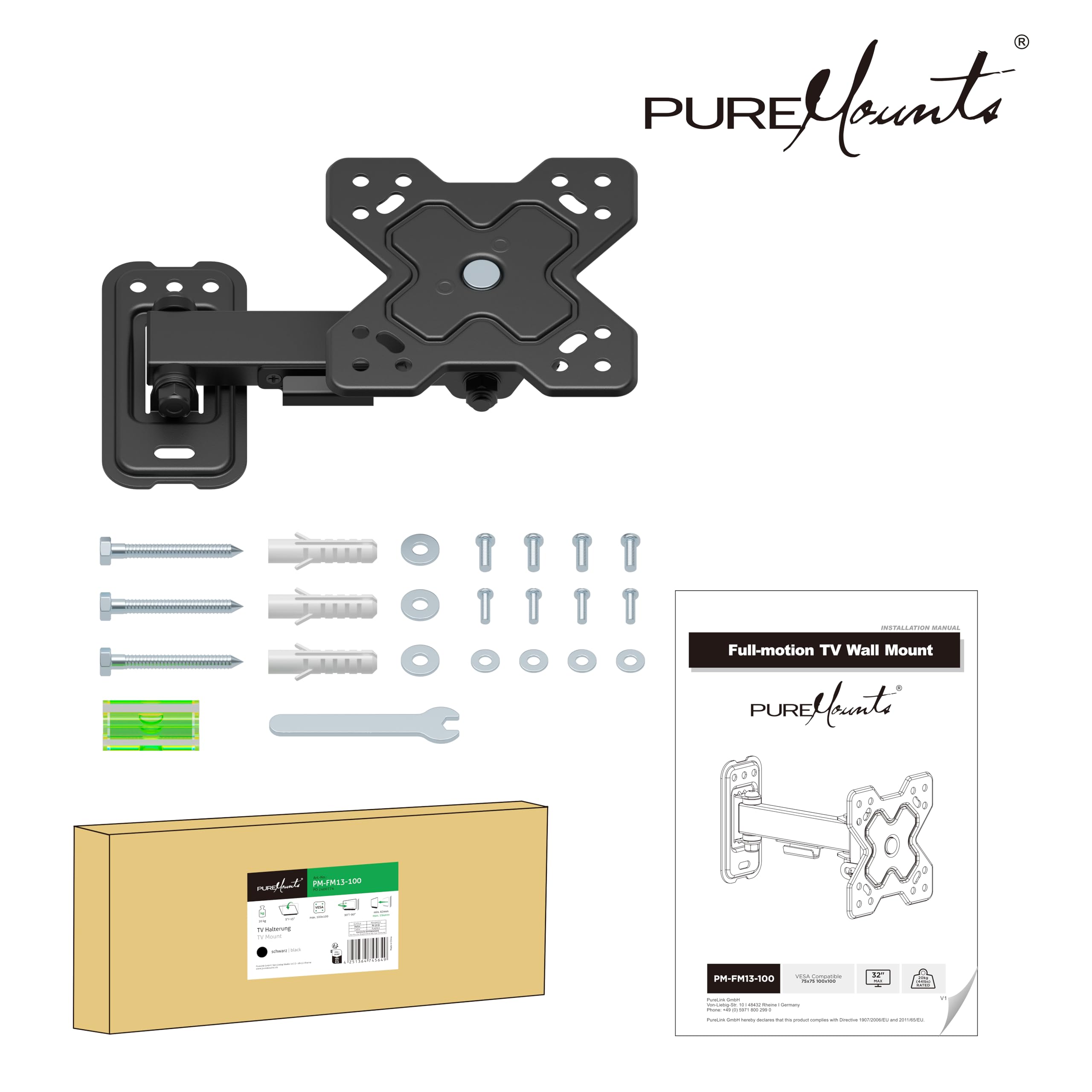 PureMounts Uchwyt ścienny do monitora telewizora, uniwersalny uchwyt z możliwością pochylenia i obrotu, maks. VESA 100 x 100 mm, do monitorów telewizyjnych 13-32 cali do 20 kg, czarny