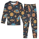 ALAZA Cartoon Space Rockets and Stars Pajamas Set Snug-fit Long Sleeve Sleepwear&comma;18 M