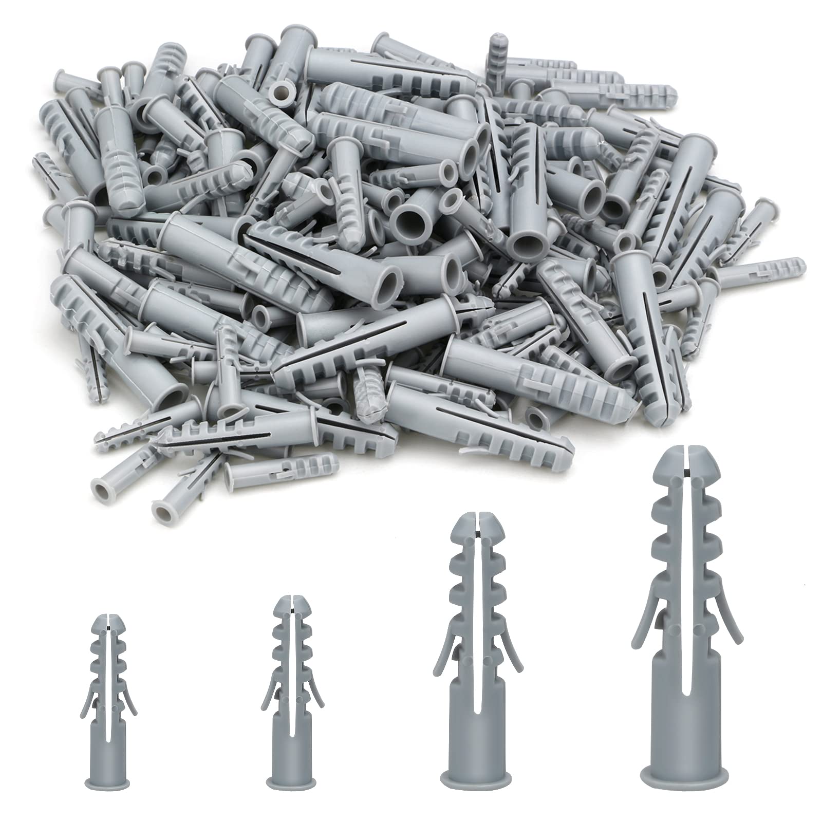 Mocobo Grey 300Pcs Assorted Wall Plugs Set Gray Plastic Column Expansion Pipe Size 5Mm 6Mm 8Mm 10Mm