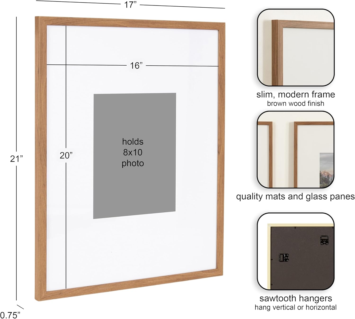 Kate and Laurel Gallery Rectangle Picture Frame Set of 3, 16 x 20 matted to 8 x 10, Brown, Modern Three-Piece Photo Frame Set for Gallery Wall Decor in Living Room Wall Display
