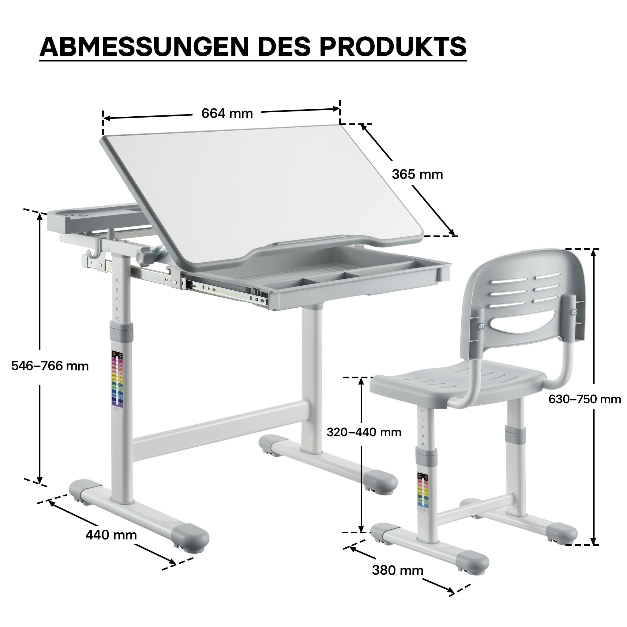 Kinderschreibtisch mit Stuhl, mitwachsender Schreibtisch für Kinder neigungs-/höhenverstellbar mit Schublade und Buchstütze