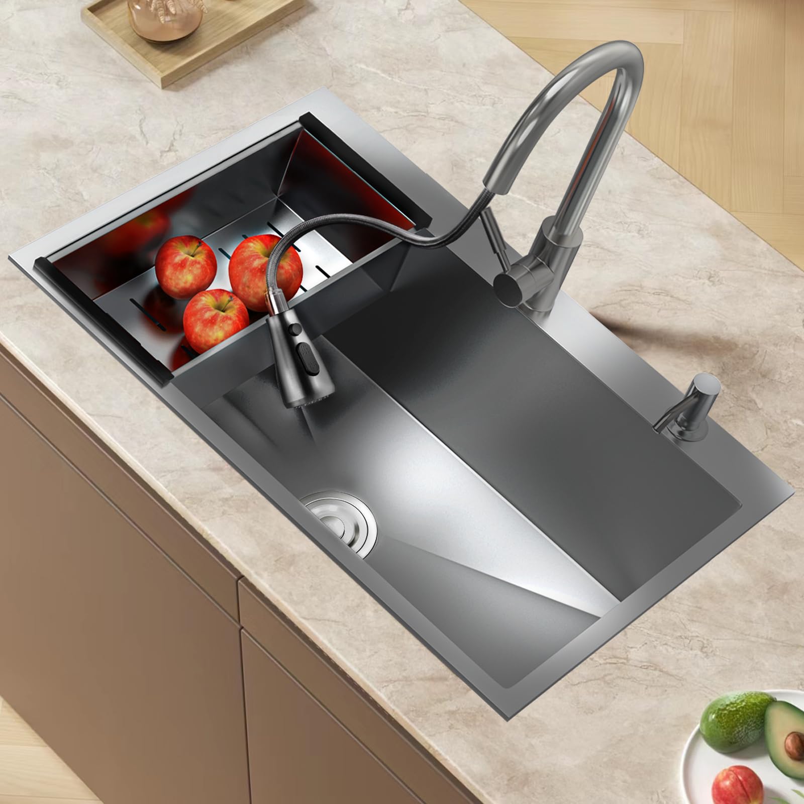 Lavandino Cucina 80 x 50 cm, Lavello Cucina 1 Vasca in Acciaio Inox con Rubinetto, Dispenser sapone, Scolapiatti, sifone e Set di Drenaggio Lavello da incasso con rubinetto multifunzionale