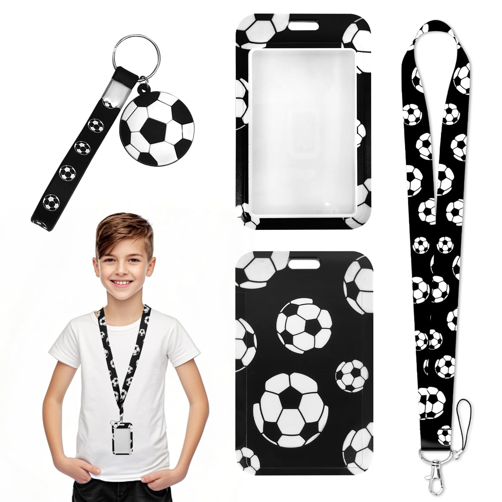 Lanyard with Card Holder, Soft Football Pattern Black Lanyard Comfortable Id Card Holders for Bus School Cruise Ship, with a Black Football Keychain