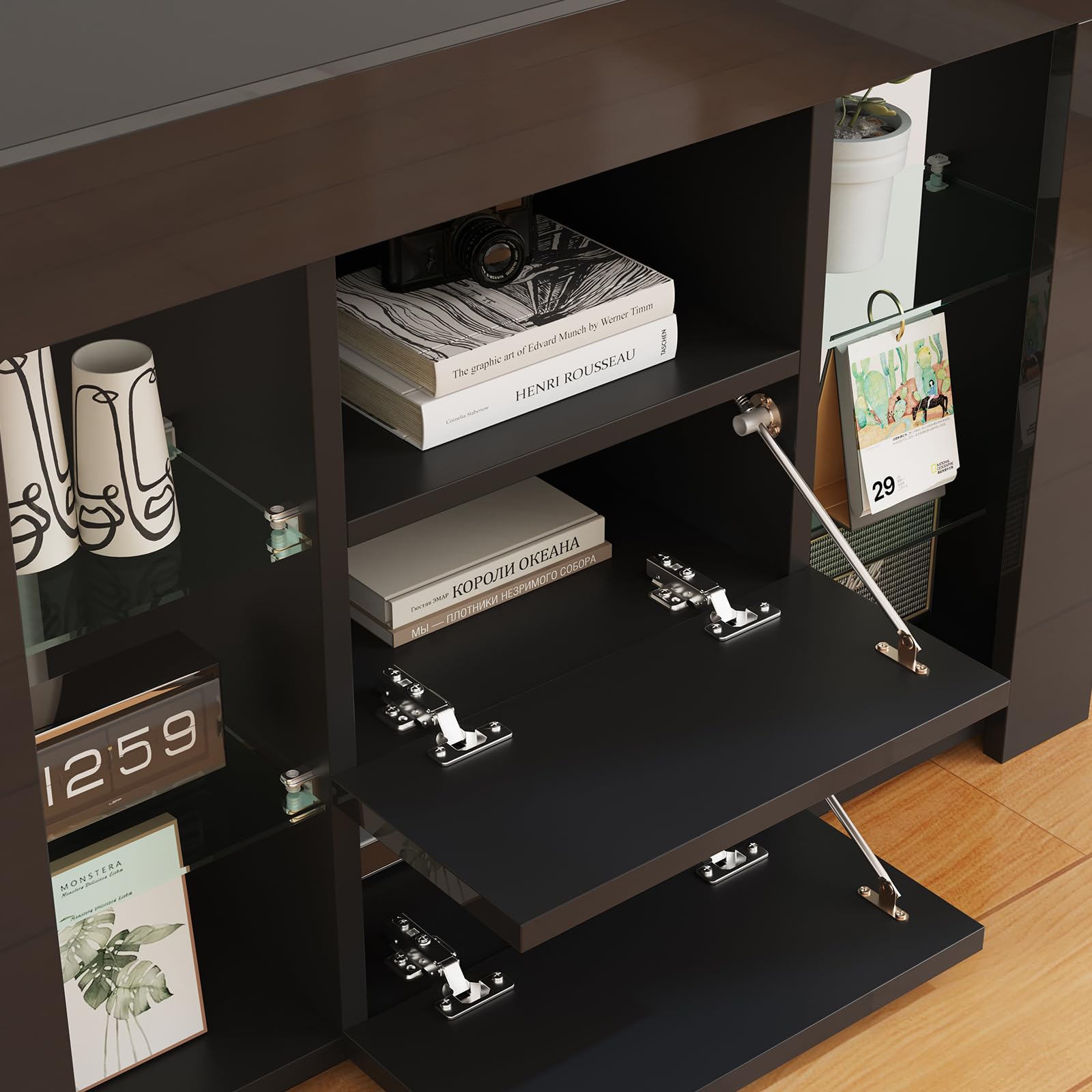 Dripex Mobile TV ad Angolo con Luci LED, Mobile Porta Televisore con Ripiani di Vetro Aperti, 2 Scomparti con Ante 100x68x40 cm, Nero