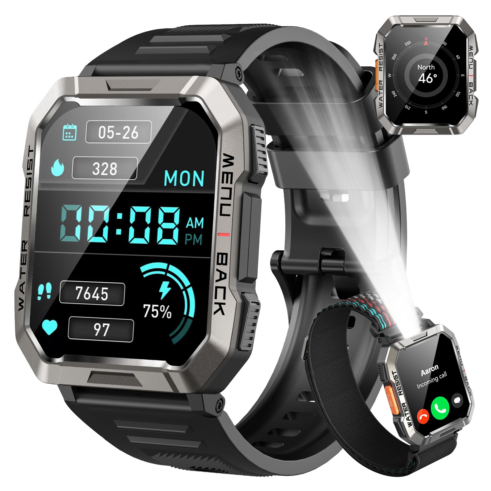 Baolubao Militare SmartWatch Uomo(Rispondi/Effettua Chiamate), Fitness Tracker con Torcia/Bussola/900mAh Batteria /24H Cardiofrequenzimetro/Sonno/ SpO2/100+ Modalità Sport per Android IOS