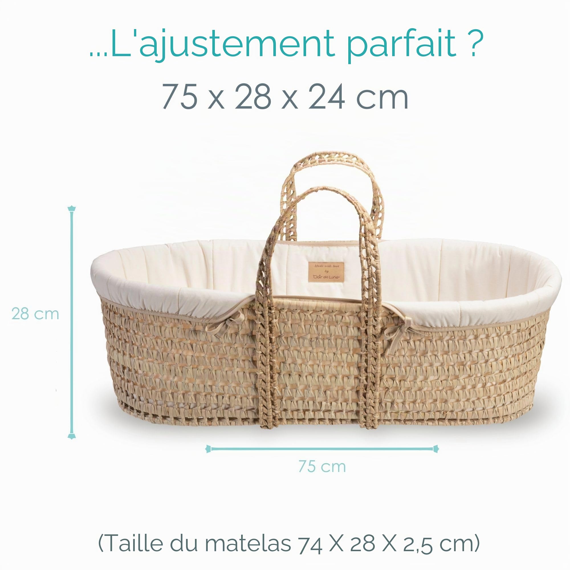 Clair de Lune Couffin en palmier bio et support à bascule naturel | Couffin pour bébé primé | Panier en palmier, pansement bio, matelas en bambou, drap de couffin | Essentiels pour nouveau-né | (crème