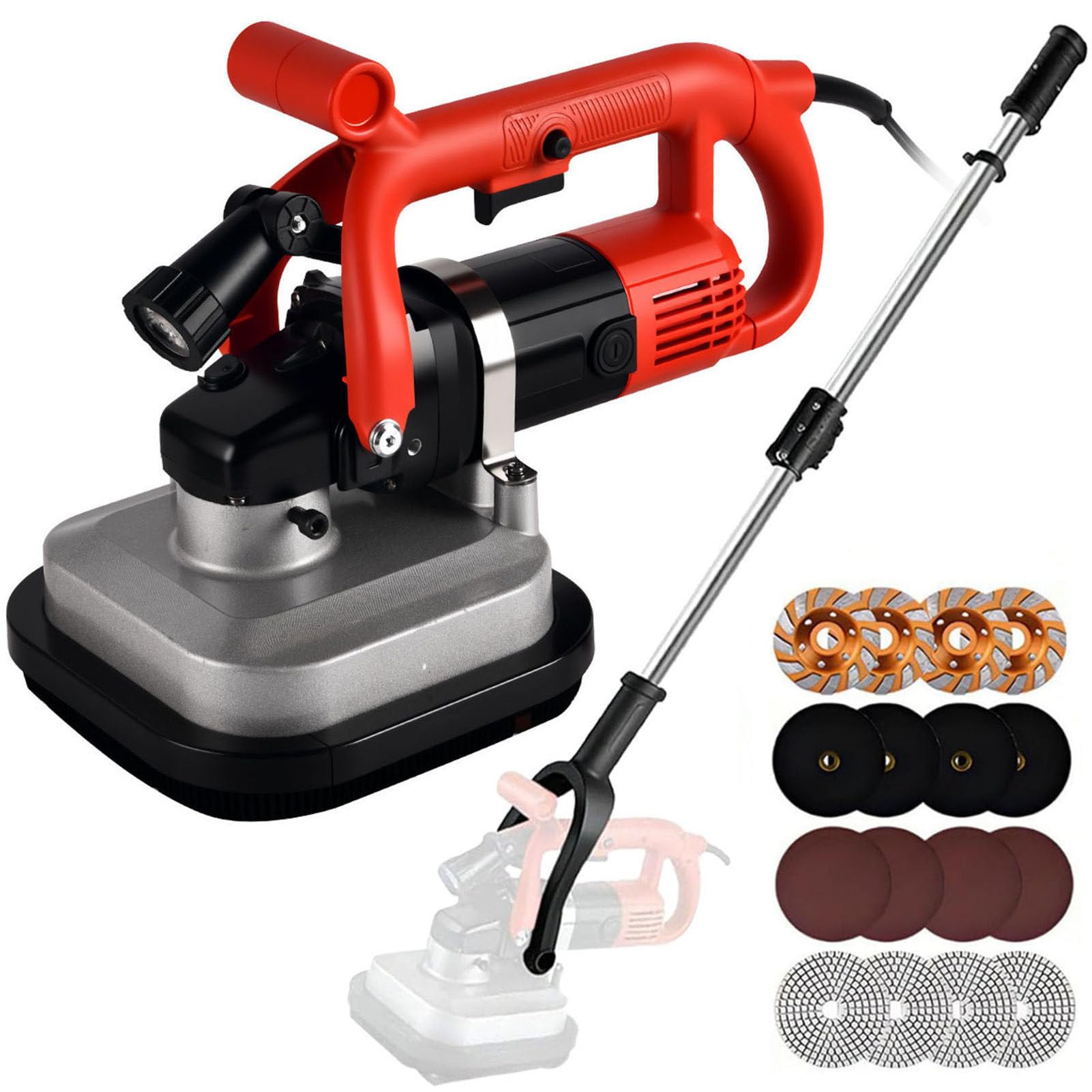 Lijadora Electrica 3600W con Varilla Extensible de Acero Inoxidable y Luz LED,Lijadora Pared y Techo,Nivelación de Hormigón,Lijado de Masilla,Pulido de Piedra,6 Velocidades 600~3000rpm