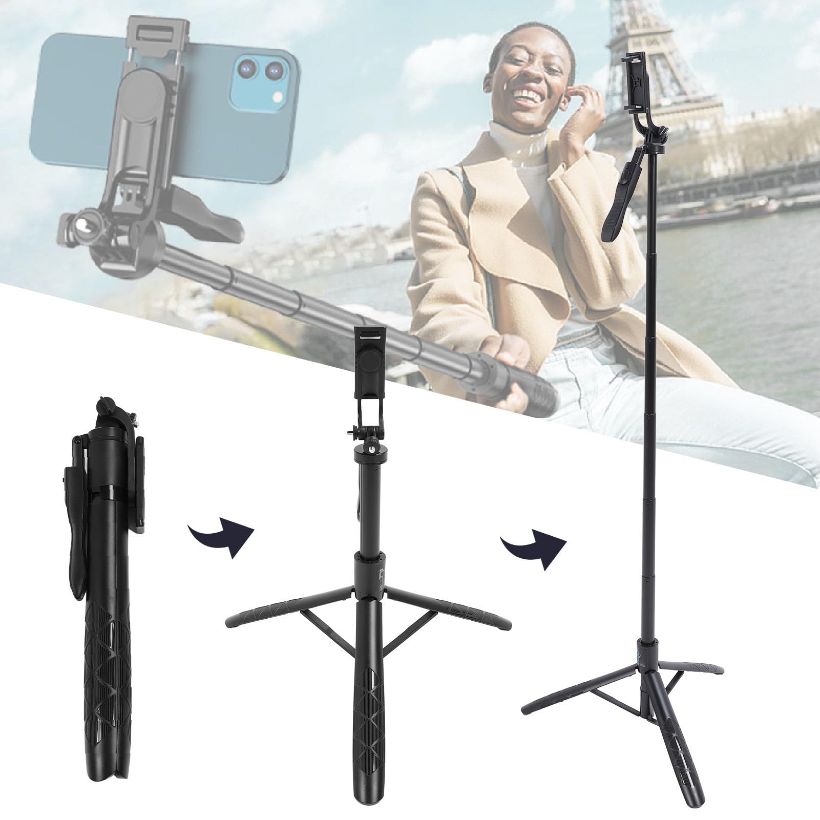 Trépied Perche à Selfie avec Lumière, Trépied de Téléphone Portable Rotatif à 360° avec Télécommande BT5.0 Amovible, de Téléphone Extensible en Aluminium 157 Cm/62