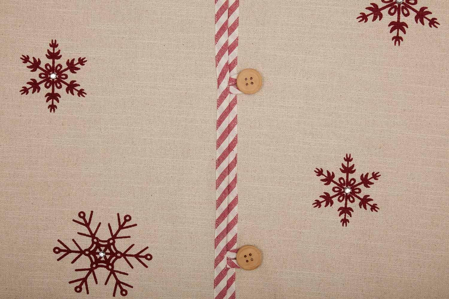 Market Place Natural Snowflake Christmas Tree Skirt, 48" Diameter, Stencilled Red Snowflakes w/Crystal Accents for Holiday Sparkle, Red Ticking Stripe Trim