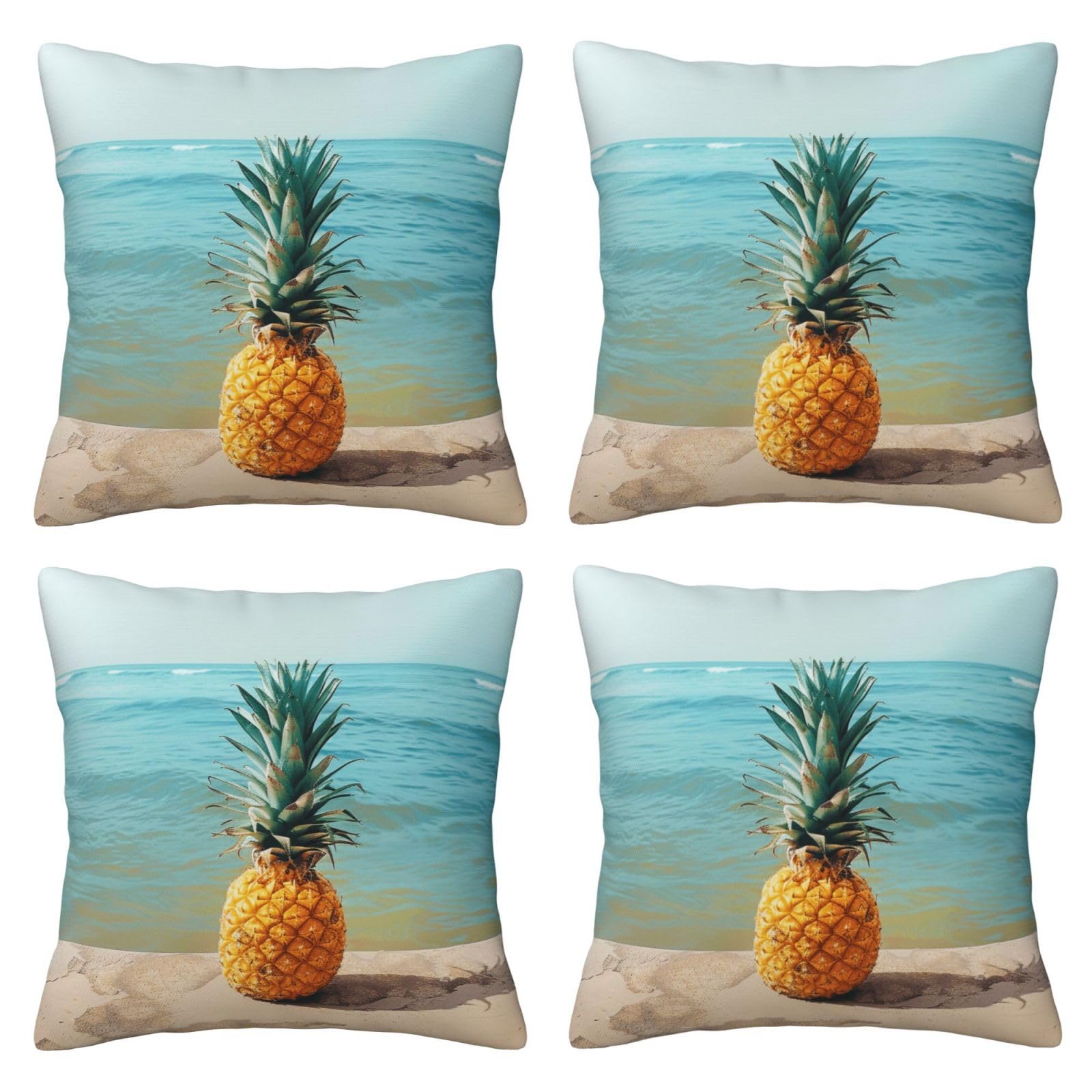 Pineapple by The Sea Throw Pillow Cases 4 Pack Square Pillowcases Super Soft Pillow Protectors With Zipper for Couch Livingroom Sofa Bed Office Car,40x40 CM
