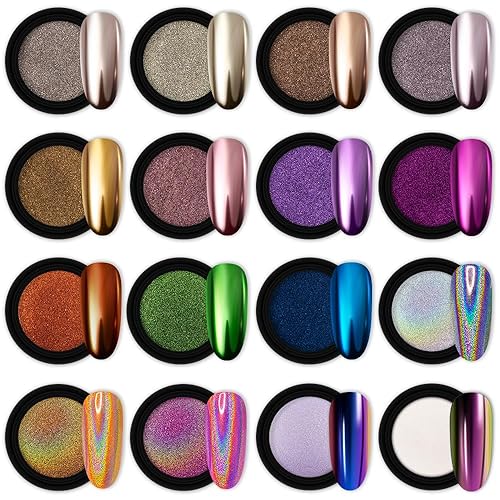 Artdone 16 Jars Chrome Nail Powder Nail Art Fimo Striping Tape Lines Decoration Metallic Mirror Effect Holographic Aurora Chameleon Pigment Powder 1g/Jar Pearl for Resin Craft & Nail Art - 16jars