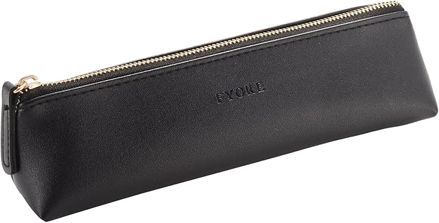 Fyore Luxury PU Leather Pencil Case Slim Design with Metallic Zipper Pocket Size for Pen Make Up Brush (Black)