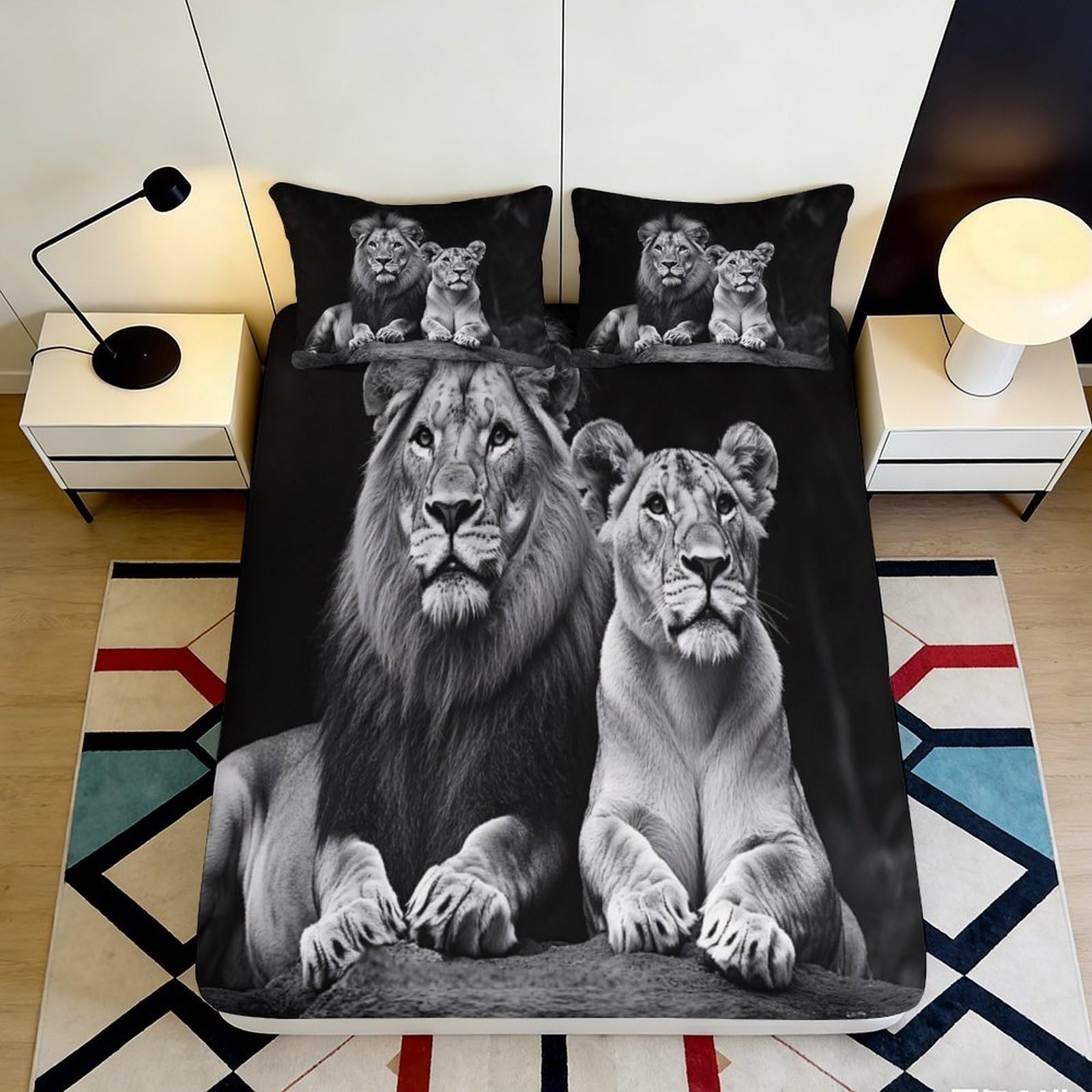 3D Printed Lion Family Fitted Sheet Microfiber Black Artistic Bed Cover for Bedroom Guest Room Mattress Protection Decor 90x200x25cm