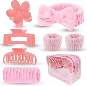 VEGCOO 16 PCS Spa Headband for Washing Face, Skincare Headband with Wrist Bands and Hair Claw Clips, Terry Cloth Puffy Makeup Facial Skincare Headbands Set (Pink)