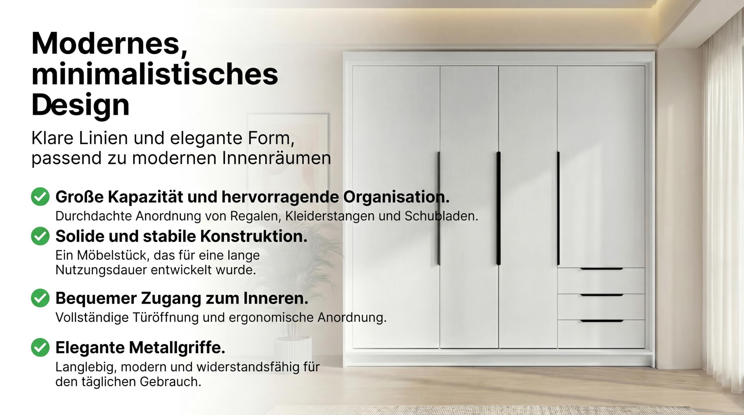 A&J MöbelLand KLARI Kleiderschrank 4-türig mit 3 Schubladen – 200 x 215 cm – Drehtürenschrank mit Kleiderstange und Einlegeböden
