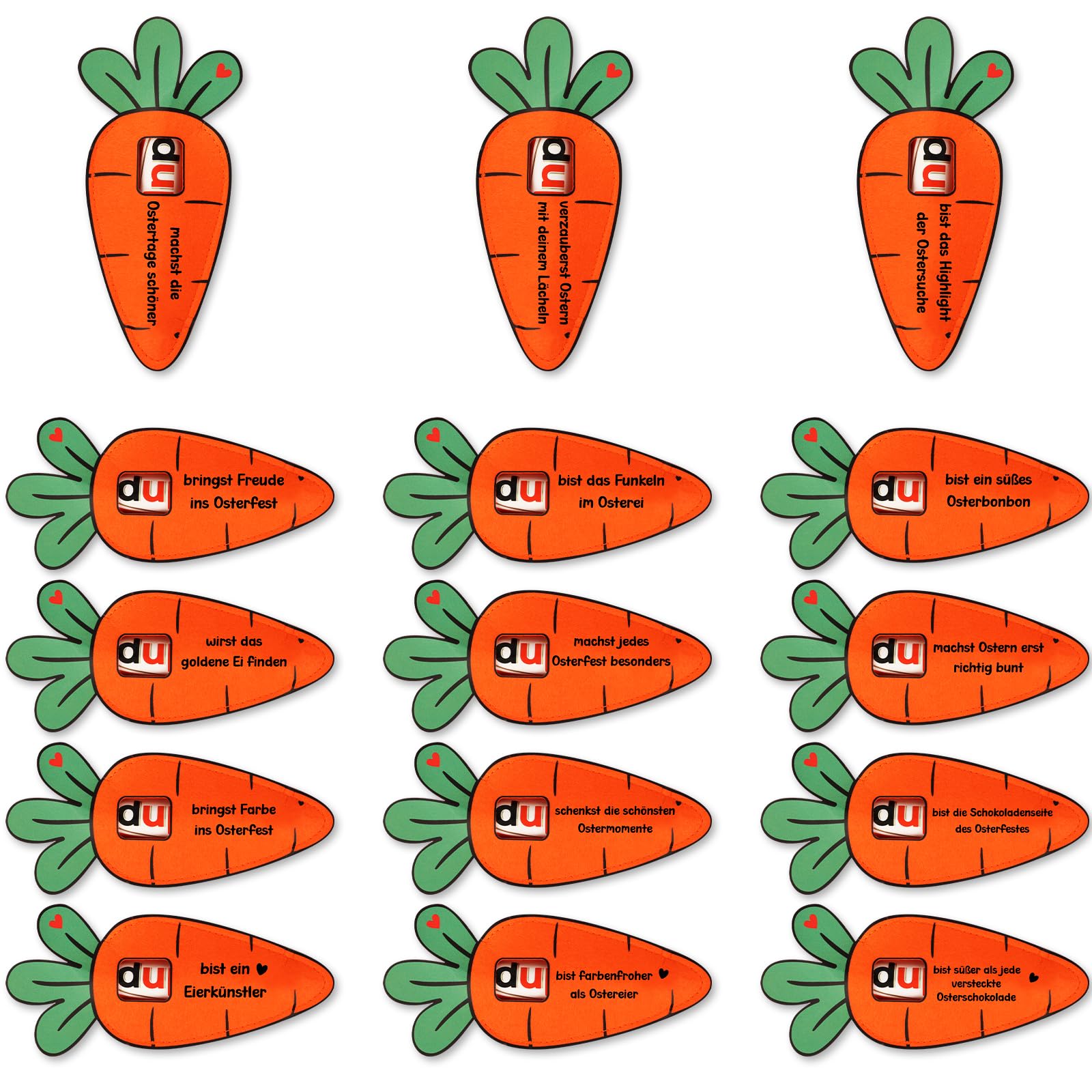 Giftota 15pcs Ostergeschenke - Lustige Karotte Deko für Kinder, Erwachsene - Hülle Filz Duplo Ostern Geschenk Verpackung mit 15 verschiedene Ostergeschenkgrüße, Ohne Schokolade