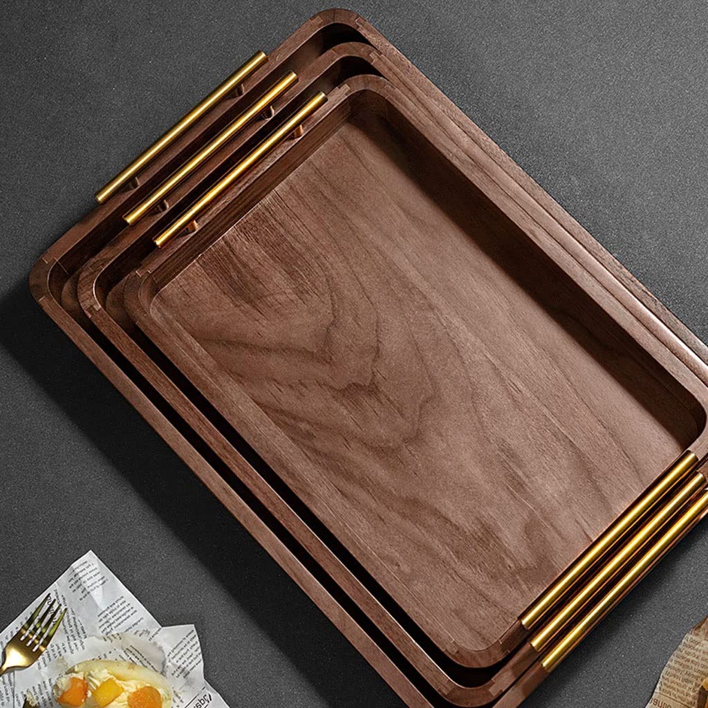 Bandeja de servir con asas de metal, bandeja de madera para alimentos, desayuno y fiesta, bandeja de almacenamiento decorativa para mesa de café y comedor