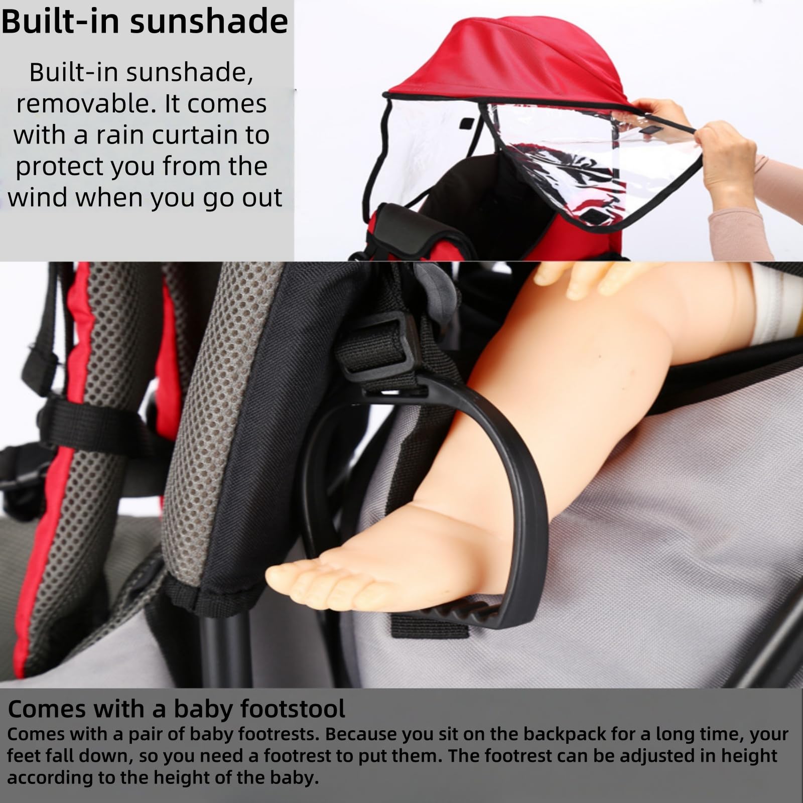 Mochila portabebés para Senderismo y Uso Diario. Diseño ergonómico con Visera y reposapiés. Ajustable para Padres de Entre 1,55 y 1,90 m.
