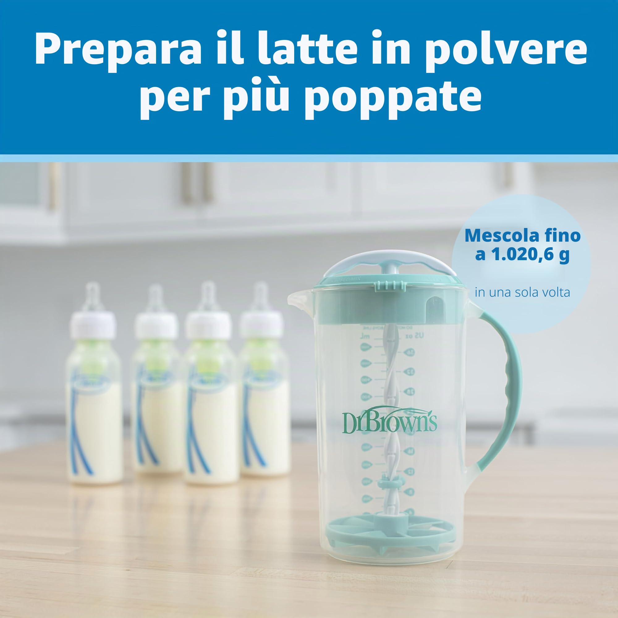 Dr. Brown's Brocca per miscelazione con tappo regolabile, coperchio di bloccaggio e beccuccio senza gocciolamento, 32 once, senza BPA, blu
