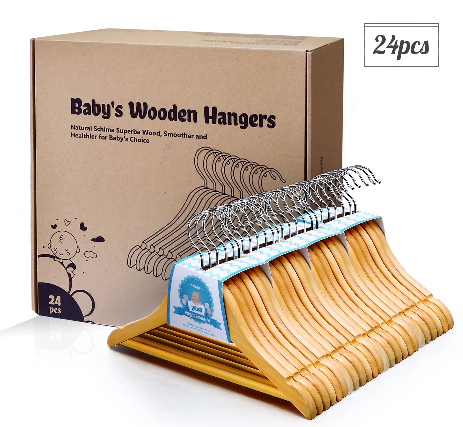 Homewit Lot de 24 Cintres Enfant en Bois, Cintres pour Bébé avec Encoches Barre Crochet Rotatif 360° pour Vêtements Bébé Enfants - Naturel Couleur