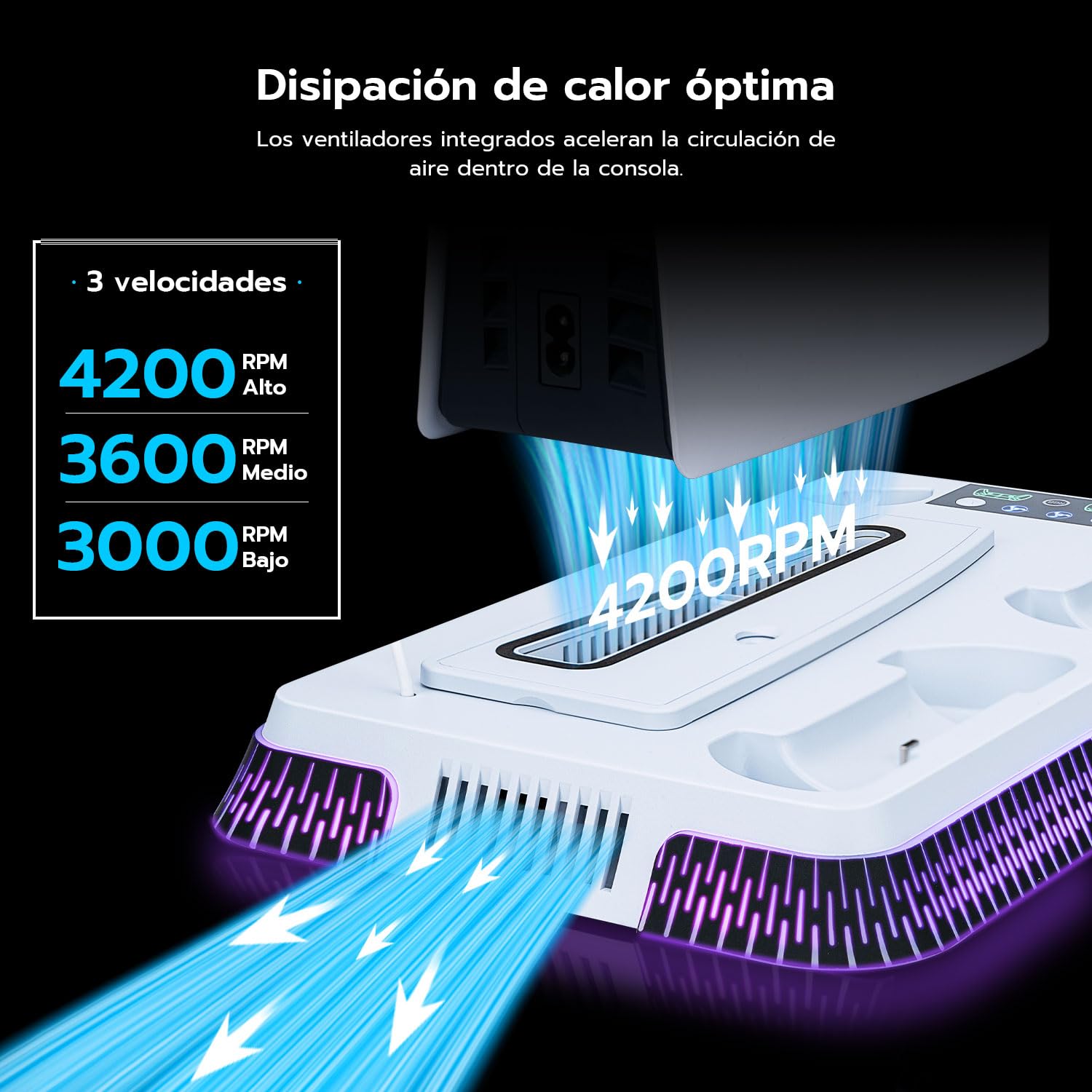 Wigearss Soporte Vertical para PS5/PS5 Slim/PS5 Pro con Ventiladores de Refrigeración Carga para 2 Mandos, Ventilador de Enfriamiento Ajustable en 3 Niveles con 10 Efectos de Iluminación LED