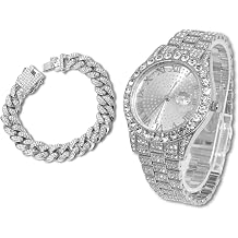 Diamond Watch for Men Guys Iced Out Round Dial 18MM Wide Wristband 18k Real Gold/White Gold Platinum Plated, with Cuban Link Chain Set Optional, Gift for Boyfriend Husband