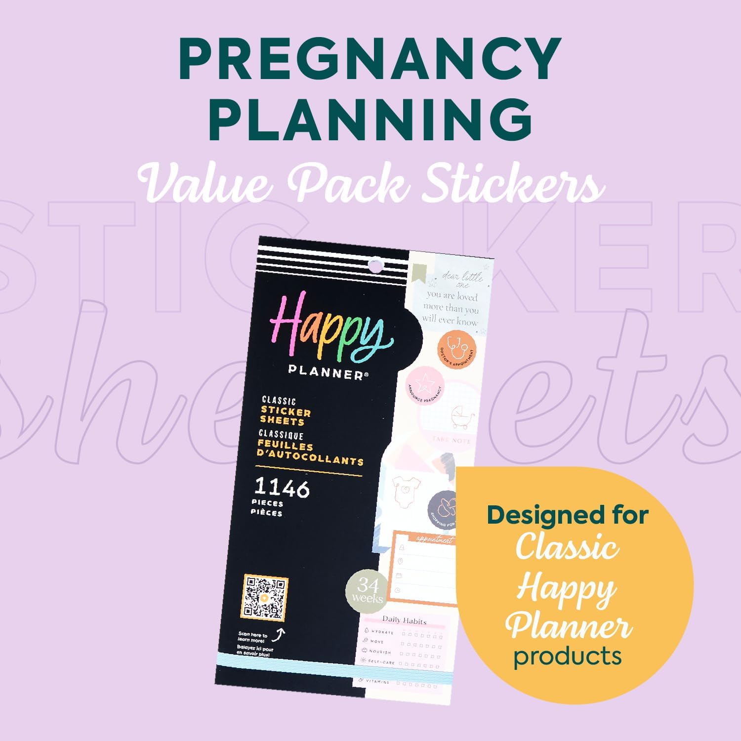 Happy Planner 30-Sheet Sticker Pack for New and Expecting Moms, Classic Size, Baby on The Way Theme