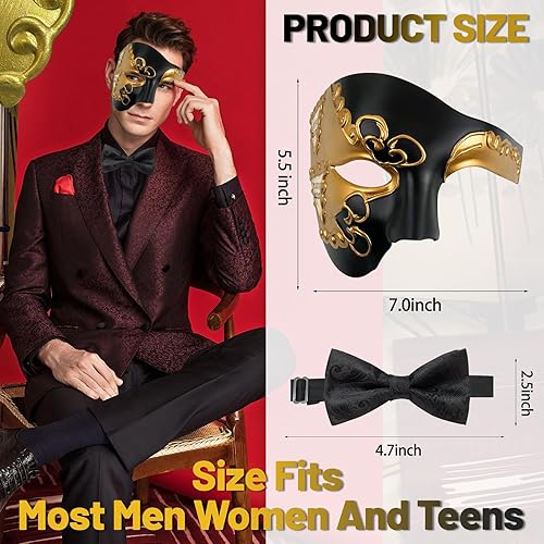 Miniatura 2 de FunMular Máscara de mascarada para hombre, fantasma de la ópera, máscara de media cara con corbatín, máscaras venecianas para fiesta de Halloween