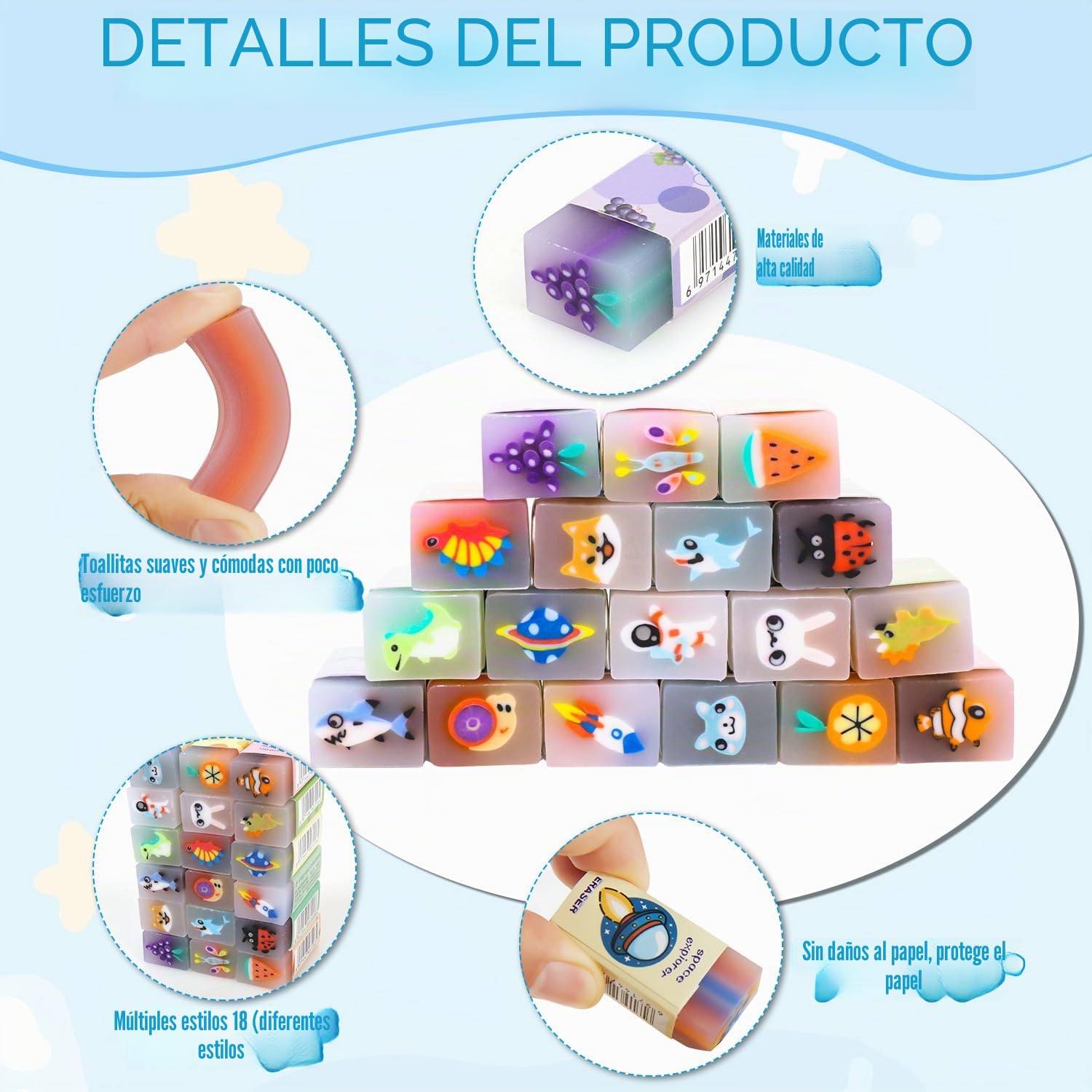 36 Piezas Lápices Infantiles con Borrador, Regalos para Cumpleaños Infantiles, 18 Borradores Divertidos 18 Lápices, Gomas de Borrar Divertidas para Niños y Niñas, Útiles Escolares