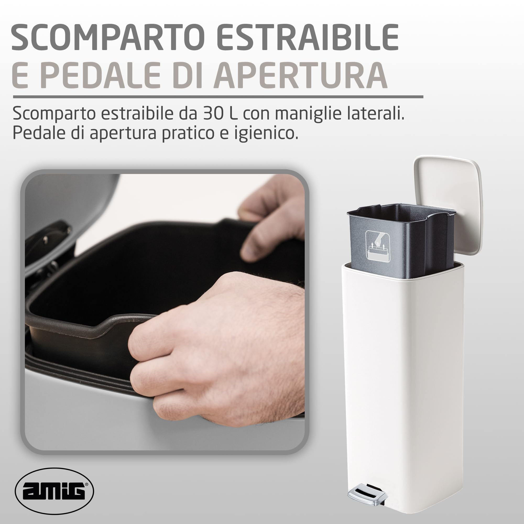 Amig - Pattumiera con pedale 30 litri Mod. Artvin - Colore bianco - Apertura igienica senza mani - 27 x 36 x 65 cm - Acciaio inox laccato - Cestino da cucina con coperchio ermetico