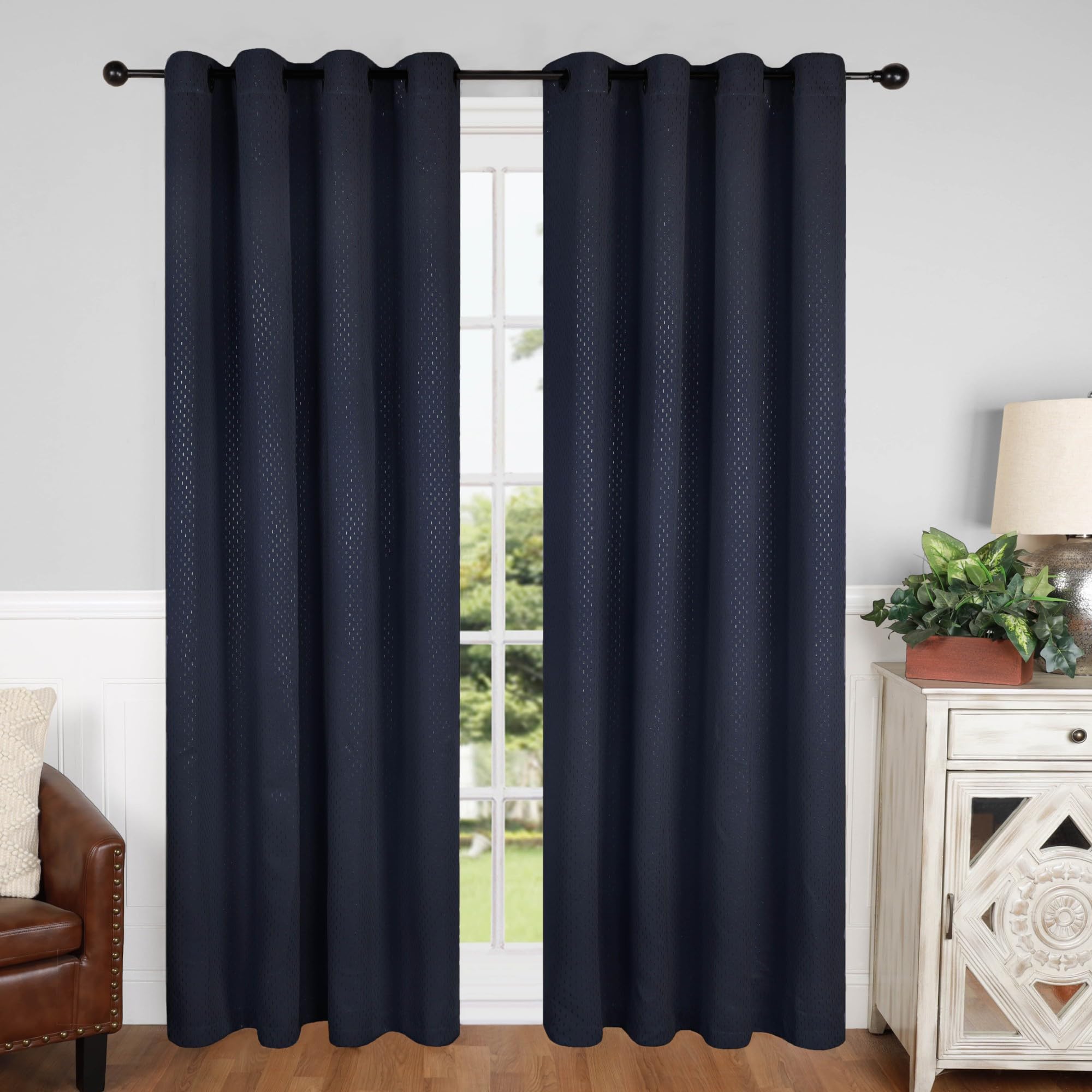 Superior Semi Blackout Curtains - Whimsical Shimmer Design - 52" x 108" - Grommet Header - Sun Blocking & Room Darkening Drapes for Bedroom, Living Room - Set of 2 Panels - Navy Blue