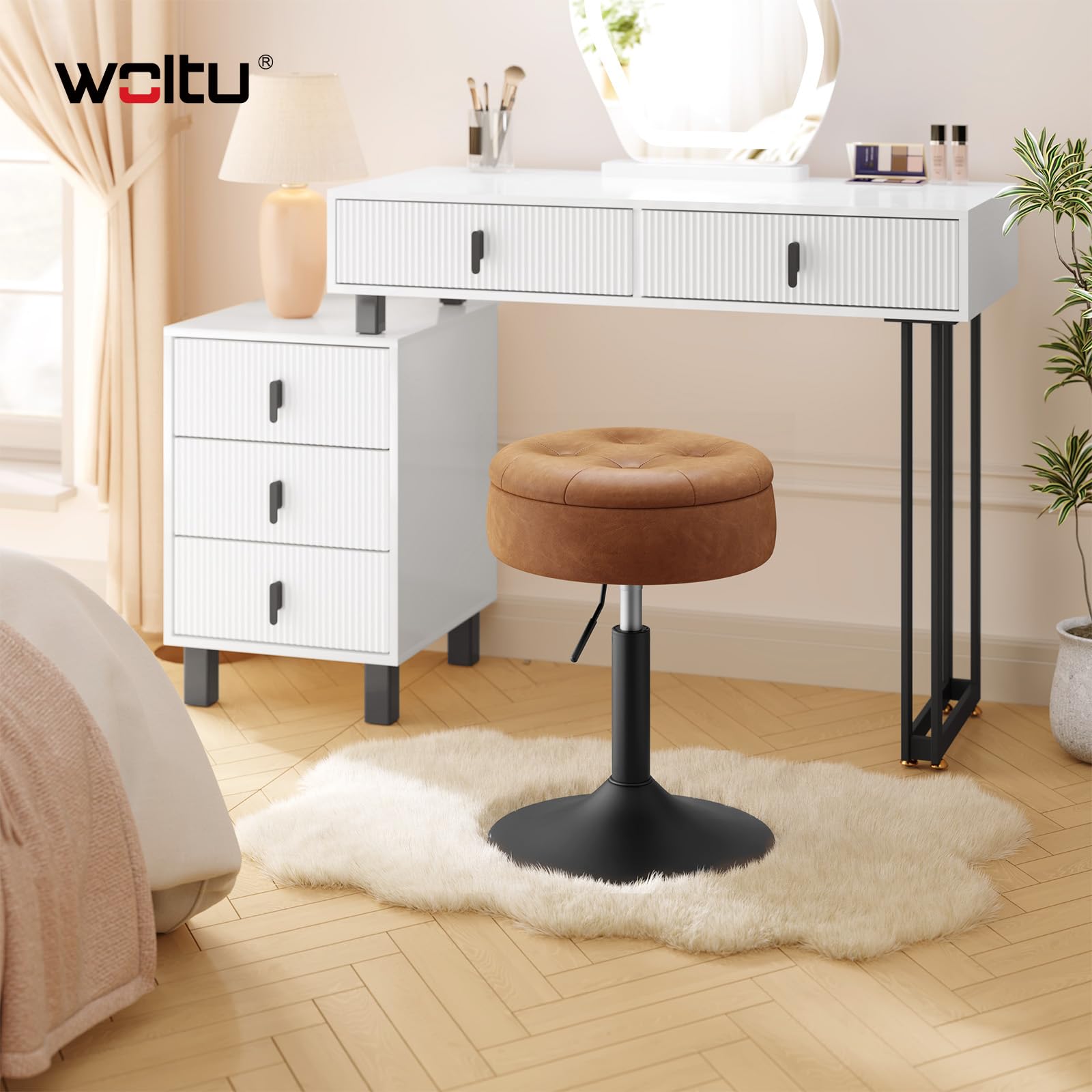 WOLTU Sgabello da Trucco, Sedia con Contenitore, in Velluto, Marrone | Sgabello Altezza Regolabile, 50-66.5cm, Sedia da Bar Rotondo, per Cucina Soggiorno, Toeletta Trucco, Postazione, in Metallo