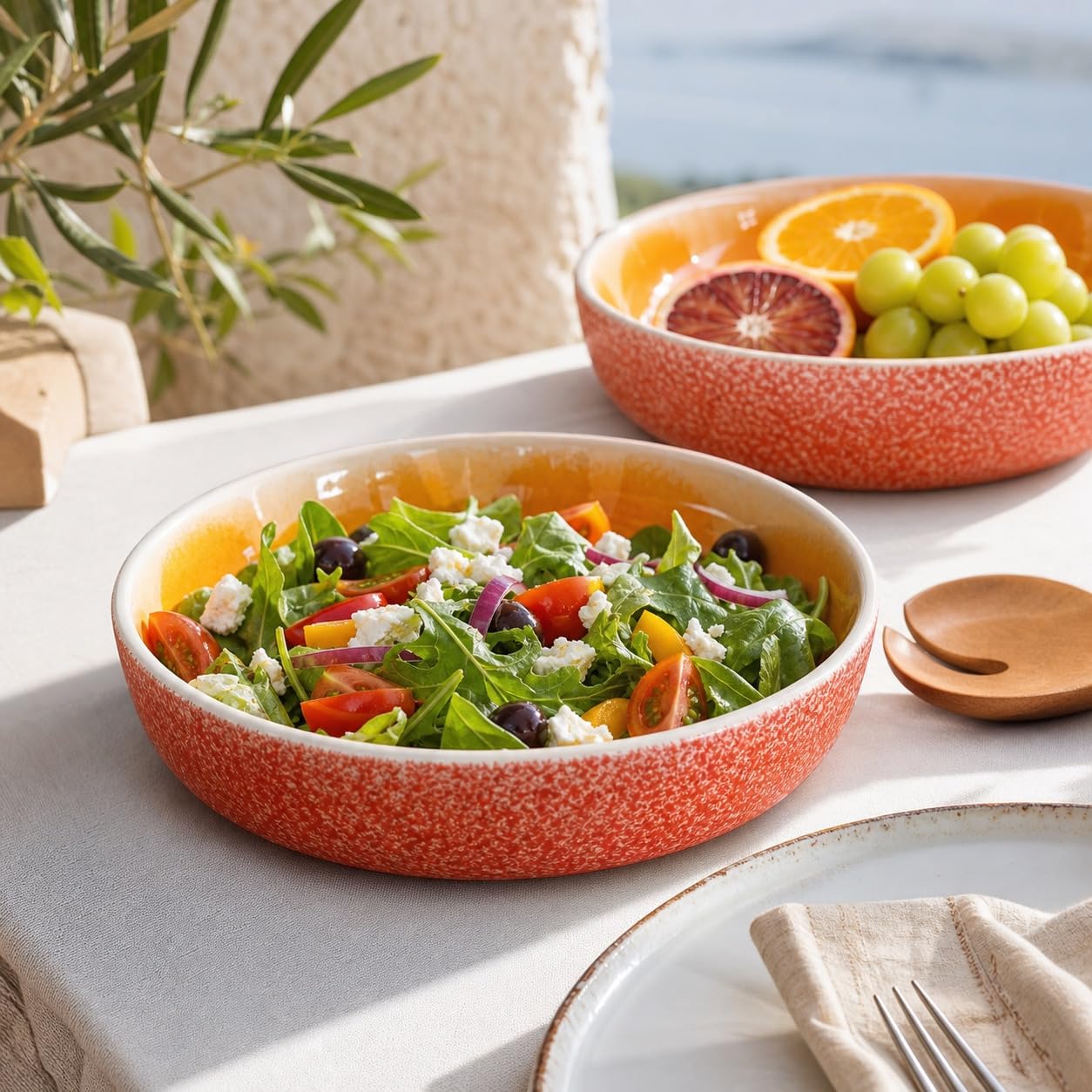 Ensaladera Naranja cerámica pack de 2, bowls grandes 28 cm para ensaladas, fruta y mesa mediterránea