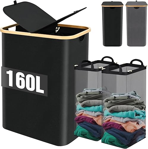 Ollieroo Cesta de lavandería con tapa, cesta de lavandería plegable, gran capacidad de 160 litros con asas, clasificador de lavandería de 2